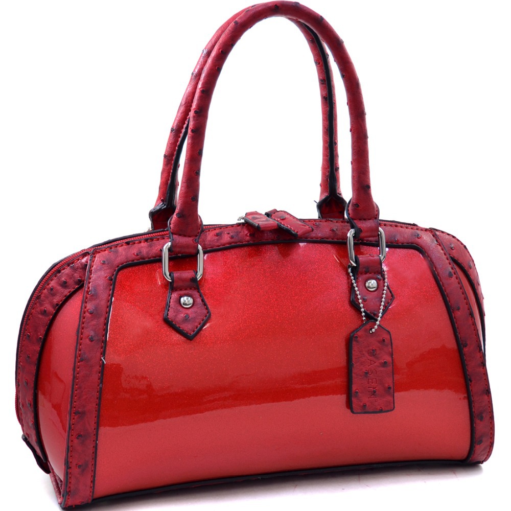 Petite Glossy Glitter Satchel With Ostrich Trim