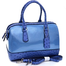 Women s Glossy Glitter Barrel Satchel With Ostrich Trim