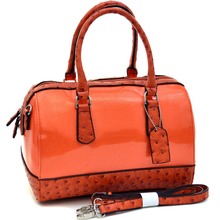 Women s Glossy Glitter Barrel Satchel With Ostrich Trim