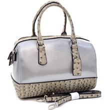 Women s Glossy Glitter Barrel Satchel With Ostrich Trim
