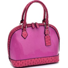 Women s Glossy Glitter Zip Around Satchel With Ostrich Trim