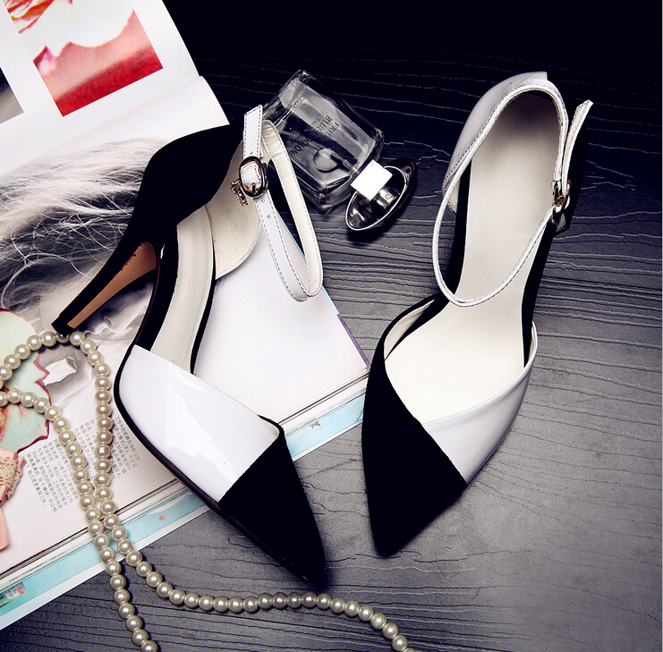 Women s two piece high heels sexy point toe pumps female black and white genuine leather
