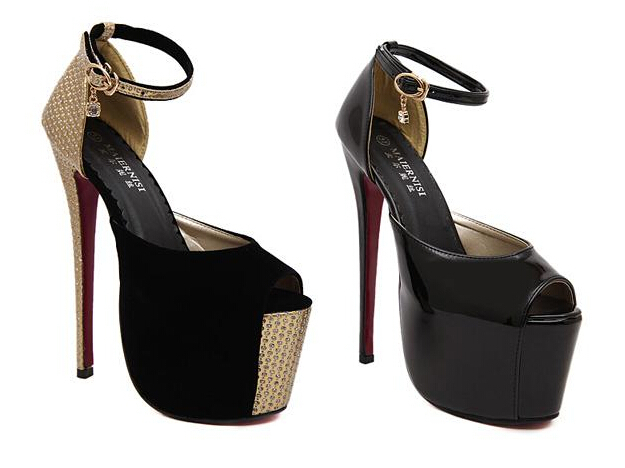 European fashion women party shoes sexy 18 cm high heels platform rhinestone red bottoms pumps black