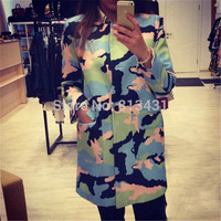 Elina\'s shop New 2014 women fashion Camouflage Trench Long sleeve pocket o-neck coat suit outwear s m