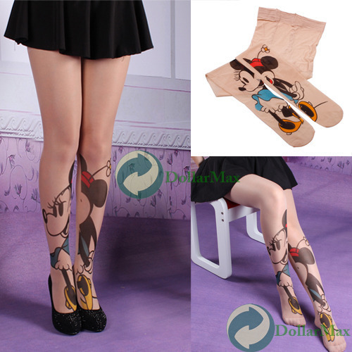 2015 Real Top Fashion Animal Silk free Natural Color Kawaii Minnie Mouse Pattern Transparent Tattoo Pantyhose