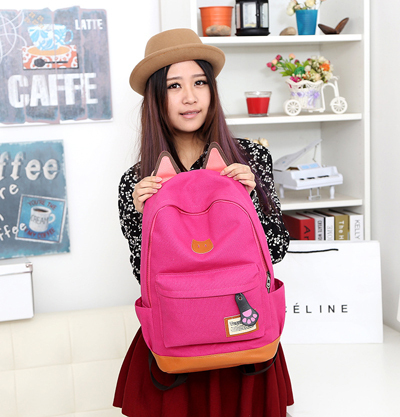 SUGAR  2014 New Women Canvas Cartoon Cat Ear Backpack Schoolbag Men Canvas Backpacks Travel Hiking
