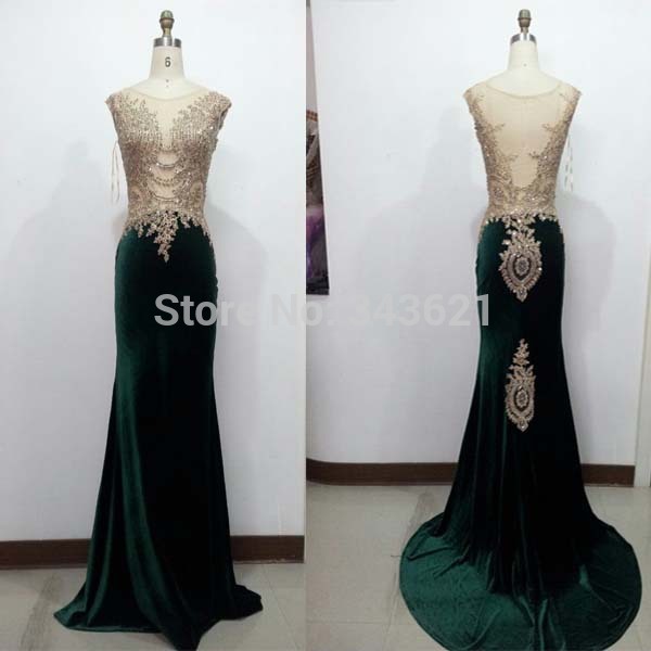 RC 493 Real Luxury Long Green Velvet Evening Dress Sheer Appliques Beaded Sheath Women Formal Dress