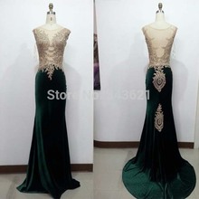 RC-493 Real Luxury Long Green Velvet Evening Dress Sheer Appliques Beaded Sheath Women Formal Dress with Court Train New