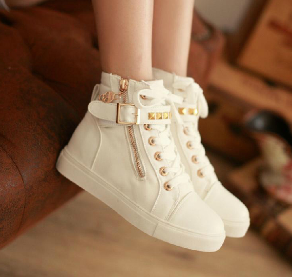 Free Shipping 2014 Autumn Female Canvas Shoes White High Sneakers Shoes Rivet Flat Blue Casual Shoes