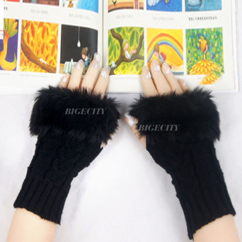 2015 Fashion Style Ladies Knitted Fingerless Winter Thermal Warm Hand Warmer Faux Rabbit Fur Mittens Luvas