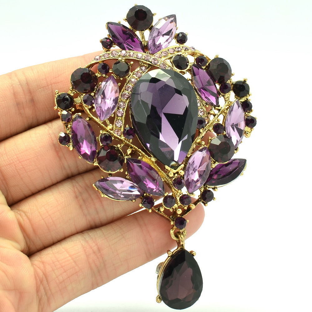 Vintage Style Big Water Drop Brooches For Women Jewelry Purple Flower Brooch Pin Rhinestone Crystal Broach