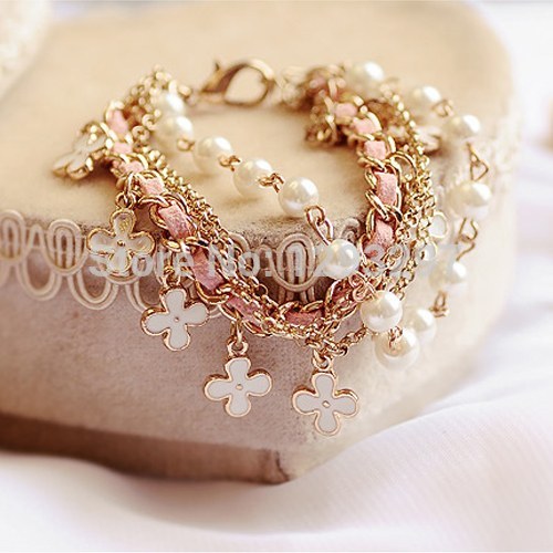 Fashion Korean Style White Pearl Clover Bracelet Leather Rope Bracelet Jewelry hot sales in 2013 for