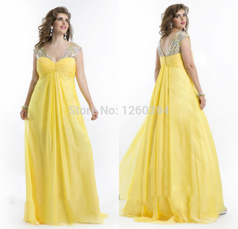 Plus-Size-Club-Dresses-Yellow-Chiffon-V-Neck-Beaded-Dress-Prom-Formal ...
