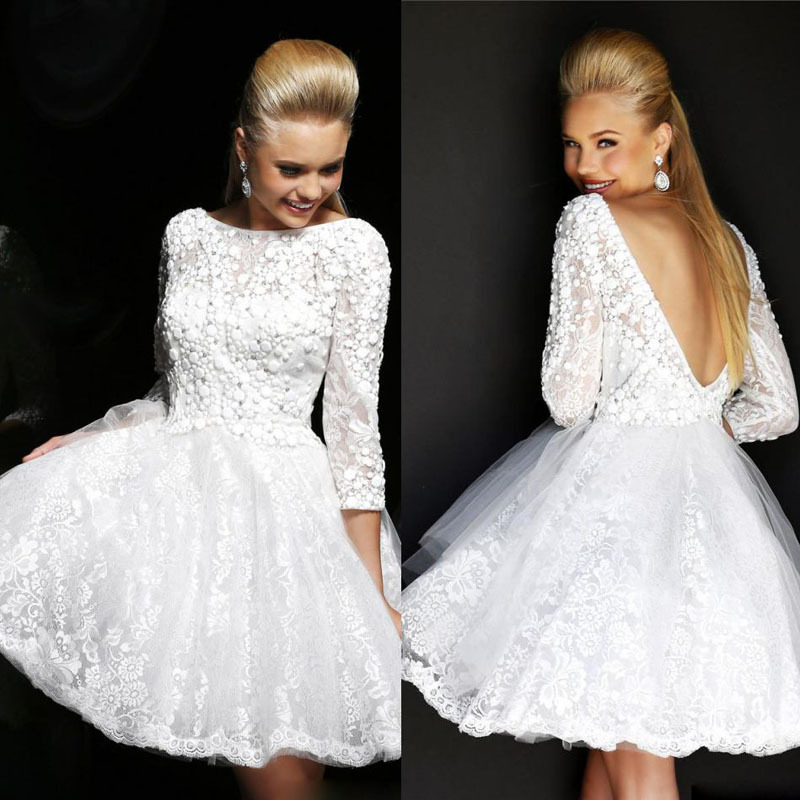 Fashion Backless Lace short bride dresses for weddings Luxury Crystal White Tulle women wedding dress 2014