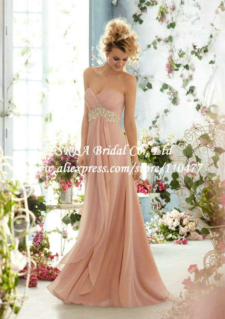 Crystal Sash Elegant High Waist Chiffon Long Pink Bridesmaid Dresses 2014 RG1800 Brides maid Dress Sweetheart