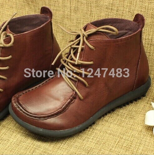 Hands made Genuine Calf Leather Series National Flavor Short Boots Flat High top Shoe Comfortable Footwear