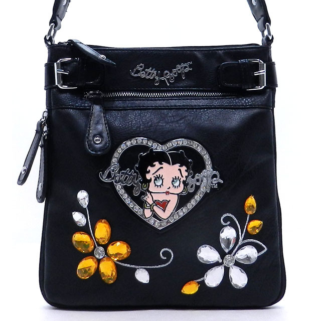 Classic Betty Boop Messenger Bag w Flower Gemstone Rhinestone Heart