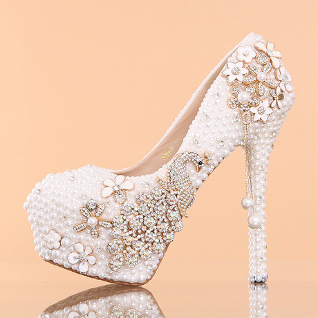 New arrival white pearl bridal shoes high heeled platform crystal anti slip soles diamond comfortable formal