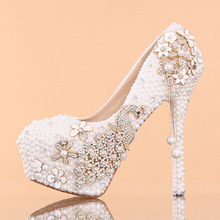 New arrival white pearl bridal shoes high-heeled platform crystal anti-slip soles diamond comfortable formal dress shoes wedding