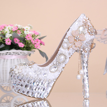 Crystal pearl wedding shoes ultra high heels thickening platform white formal dress shoes rhinestone shoes