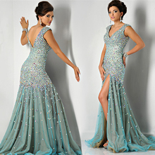 Sexy V-Neck Mermaid Prom evening dress 2014 vestido de festa Crystal Green High Slit Sexy Long Evening Dresses 2014 New Arrival