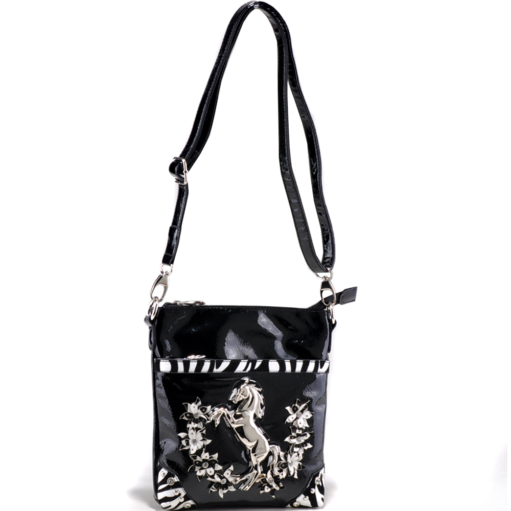 Women s Western Messenger Bag with Zebra Trim and Stallion Emblem