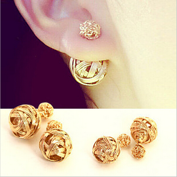 Hot Selling New 2014 Fashion Double Sides Pearl Earring Two Gold Ball Stud Earrings For Girls