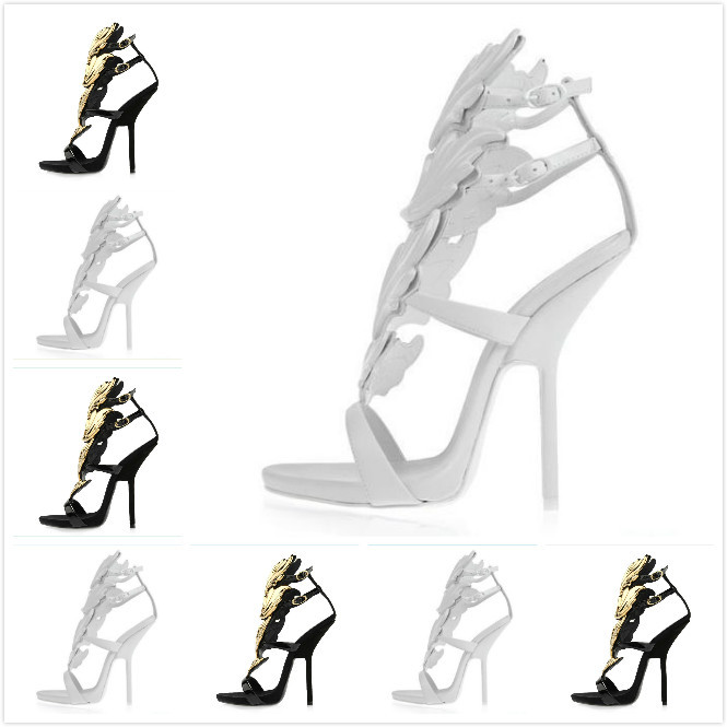 2014 Women s Black White Genuine Leather With Gold Leaves High Heel Summer Sandals Lady Luxury