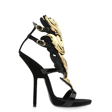 2014 Women s Black White Genuine Leather With Gold Leaves High Heel Summer Sandals Lady Luxury