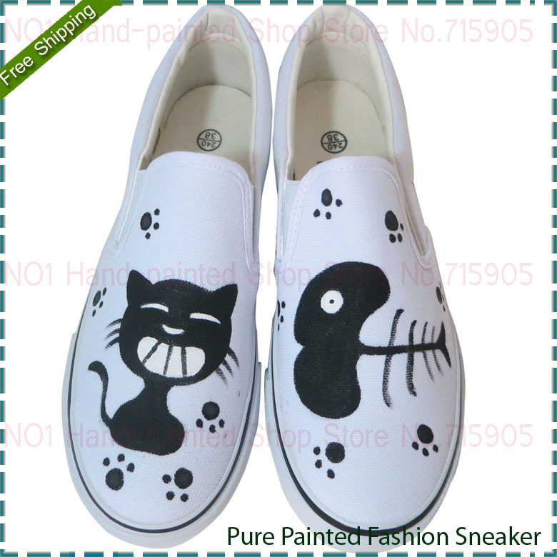Sale Cat Eat Fish Style Women s Slip On Casual Shoe Lady Hand Painted Breathable Canvas