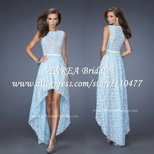 High Neck Cap Sleeve New Designer Light Blue High Low Lace Evening Dress Short Front Long Back 2015 HM605