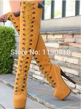 Round toe paltform thick  bottom high heel boots gold yellow lace up women motorcycle winter boots