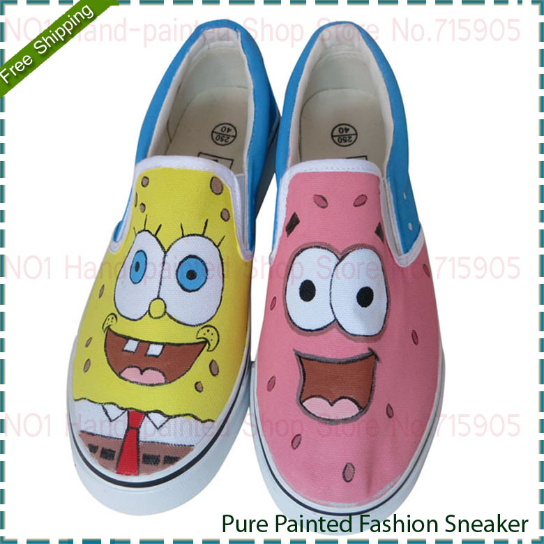 New 2014 Fashion Yellow Sponge Baby Style Female Sneakers Lovely Graffiti Hand Painted Lady Canvas Shoes