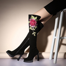 2014 Europe And America Fashion Over-the-Knee Boots,Solid Nubuck Leather Stereoscopic Embroidery Flower Womens Shoes Pumps