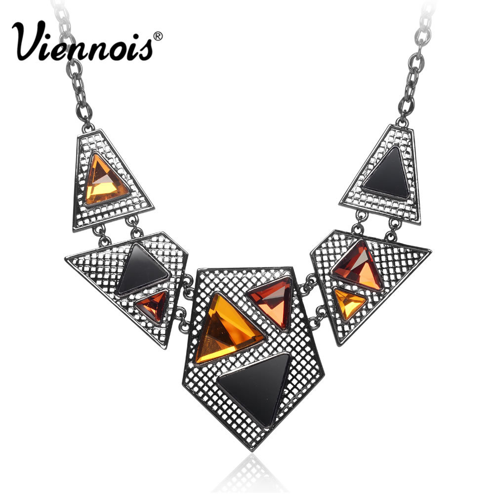 Viennois Fashion Jewelry Gun Plating Navy Yellow Crystal Statement Chain Rhinestone Triangle Necklace Pendant Women 2014