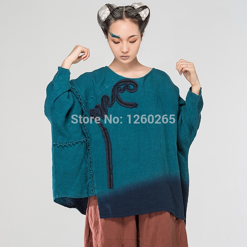 Jiqiuguer Original Design Long Sleeve Hand Applique Front Round Neck Blue Ombre Maxi Loose Women Batwing