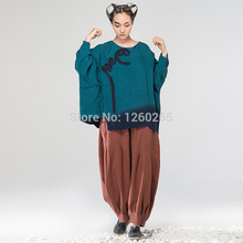 Jiqiuguer Original Design Long Sleeve Hand Applique Front Round Neck Blue Ombre Maxi Loose Women Batwing