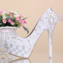Luxury Pearl Crystal Flower White Design Lady Women Med Heel Shoe Pumps For Wedding Bridal Gown Prom Party Evening Dress(MW-029)