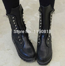 women flat riding boots black lace up punk leather ankle boots