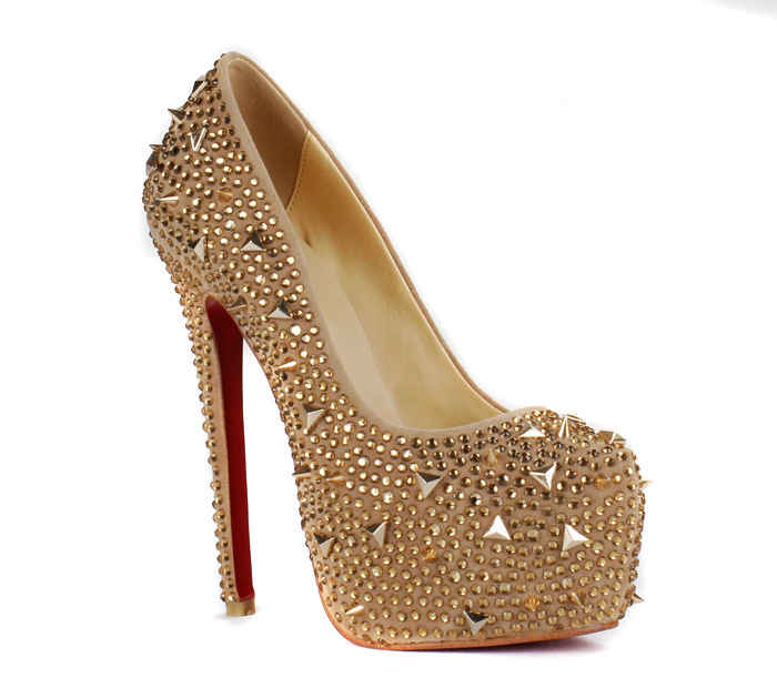 Women Sexy Rhinestone High Heel Pumps Closed Pointed Toe Rivets Party Gold And Sliver Shoes