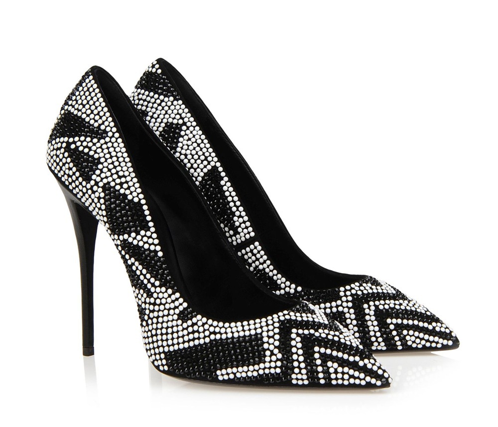 Women Sexy White Black Rhinestone High Heel Pumps Closed Pointed Toe Party Shoes