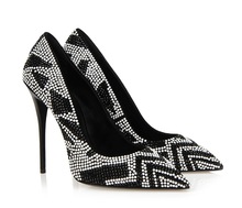 Women Sexy White Black Rhinestone High Heel Pumps, Closed Pointed Toe Party Shoes