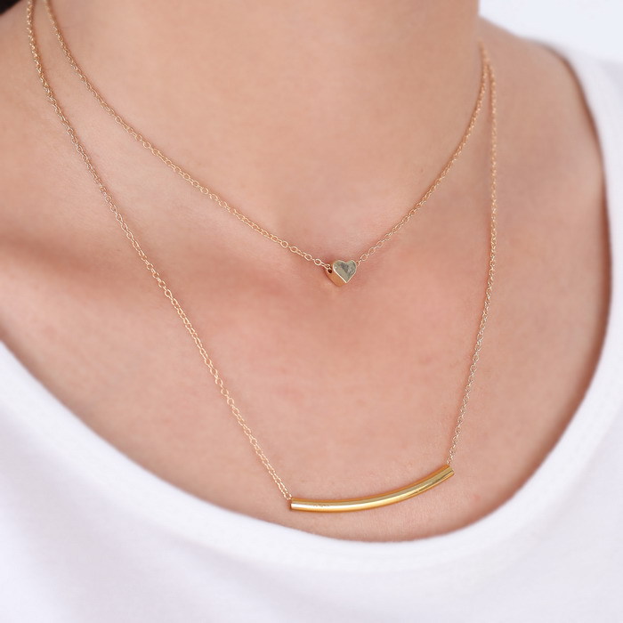 new fashion small accessories heart bar necklace short design two layer chain gold necklaces pendants