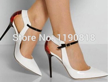 fashion women pointed toe patent leather high heels white black ankle strap ladies pumps