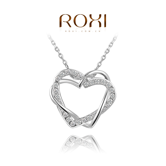 ROXI Romantic Fashion Vintage Double Heart Pendant Necklace Jewelry Statement Jewelry Crystal Charm Necklace For Women