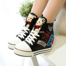PU cartoon little bear decorated height increasing fashion sneakers women shoes high heels comfortable for spring autumn