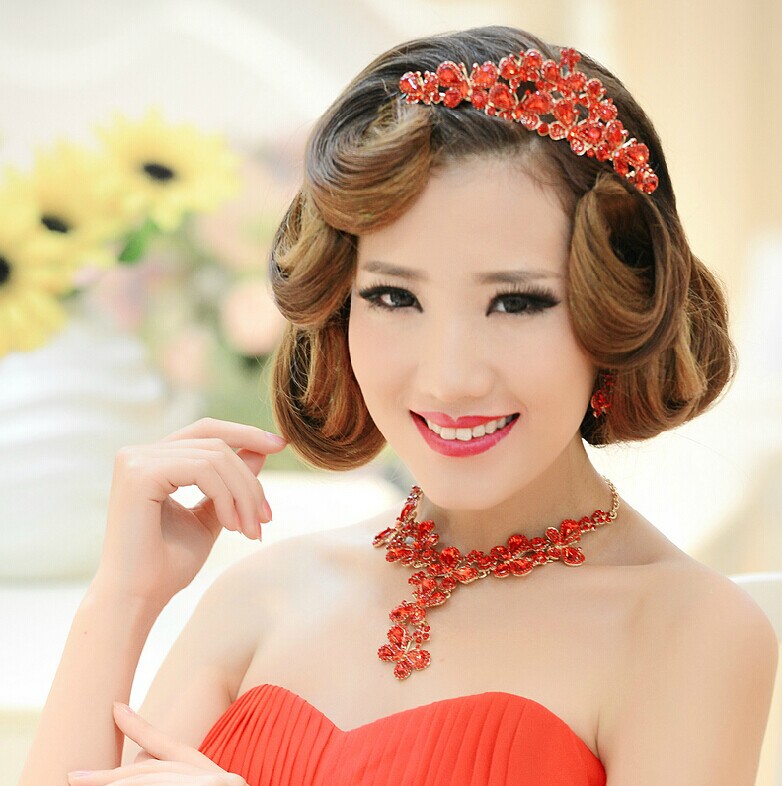 Fashion Lady s Red Bride Crown Necklace Jewelry Accessories Studio Three piece Suit The Bride Adorn