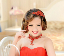 Fashion Lady s Red Bride Crown Necklace Jewelry Accessories Studio Three piece Suit The Bride Adorn