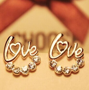  10 mix order Free Shipping new 2014 Fashion jewelry LOVE Imitation diamond heart gold earrings