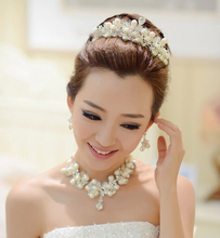 2014 Bridal Jewelry three piece Jewelry Pearl Bride Wedding Dress Accessories Crown Marriage Tire Chain Necklace